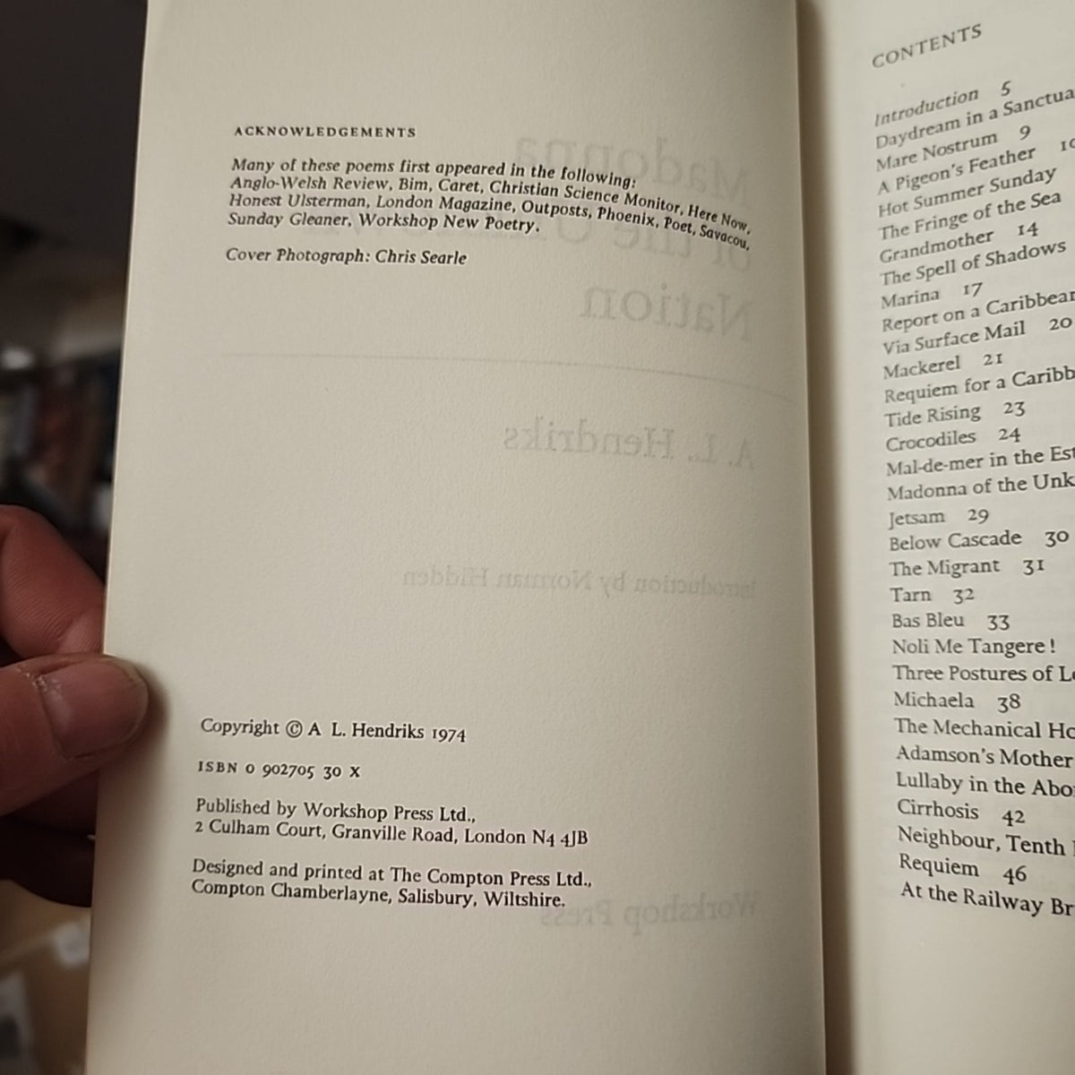 Madonna of the Unknown Nation by A. L. Hendriks publication page showing 1974 Workshop Press edition and ISBN 0-902705-30-X