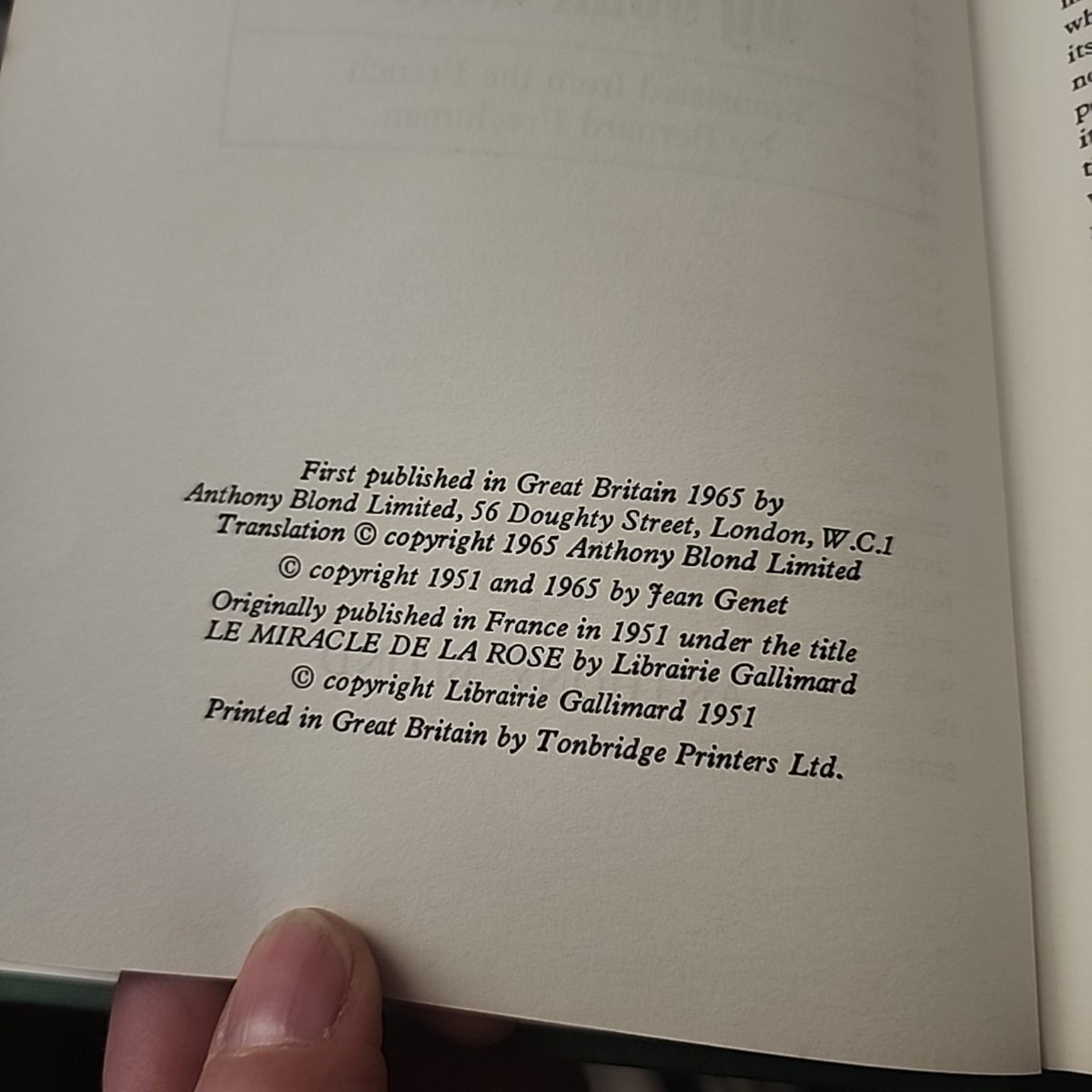 Miracle of the Rose by Jean Genet copyright page showing first British publication by Anthony Blond in 1965