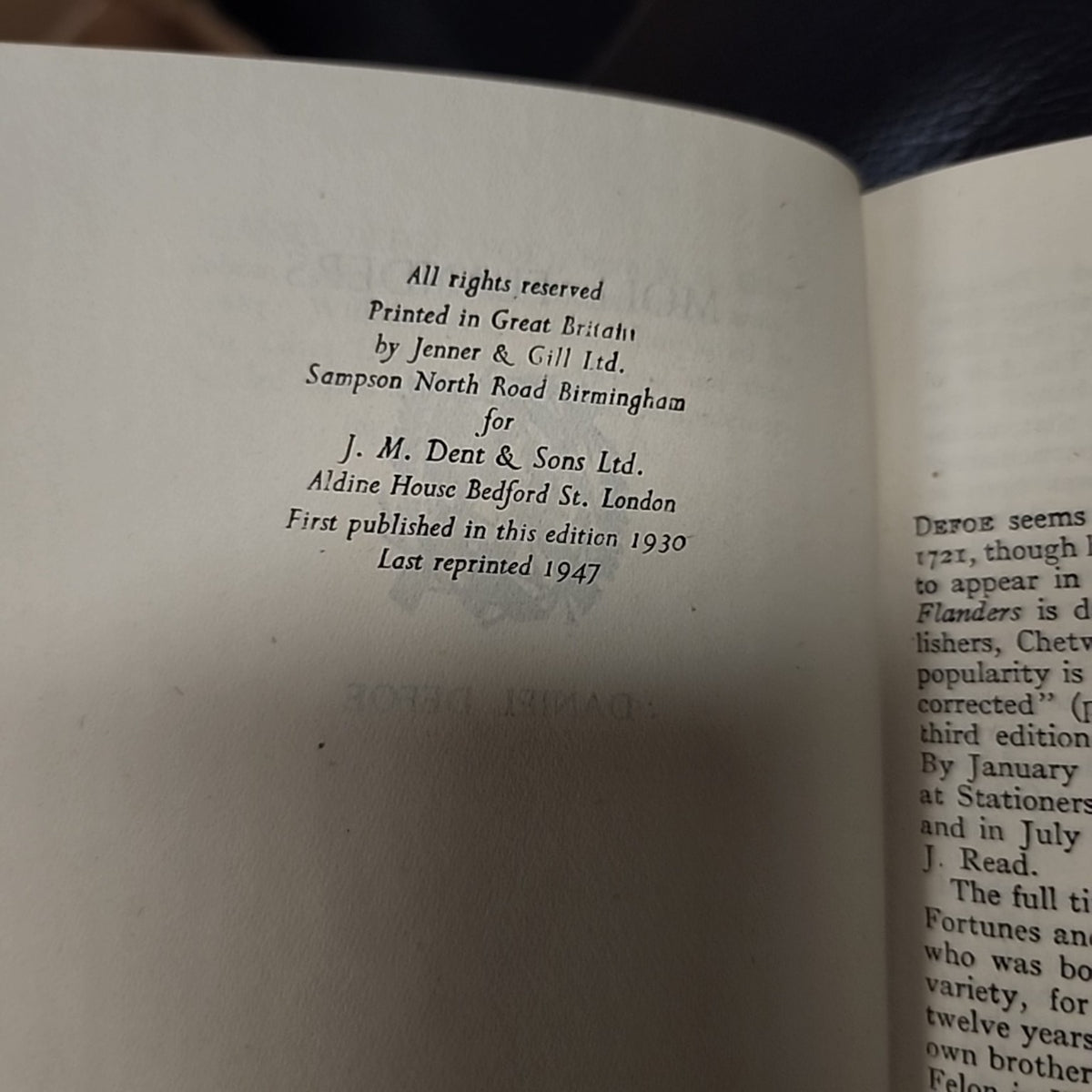 Publication page of Moll Flanders by Daniel Defoe, Everyman's Library 837, showing 1947 reprint