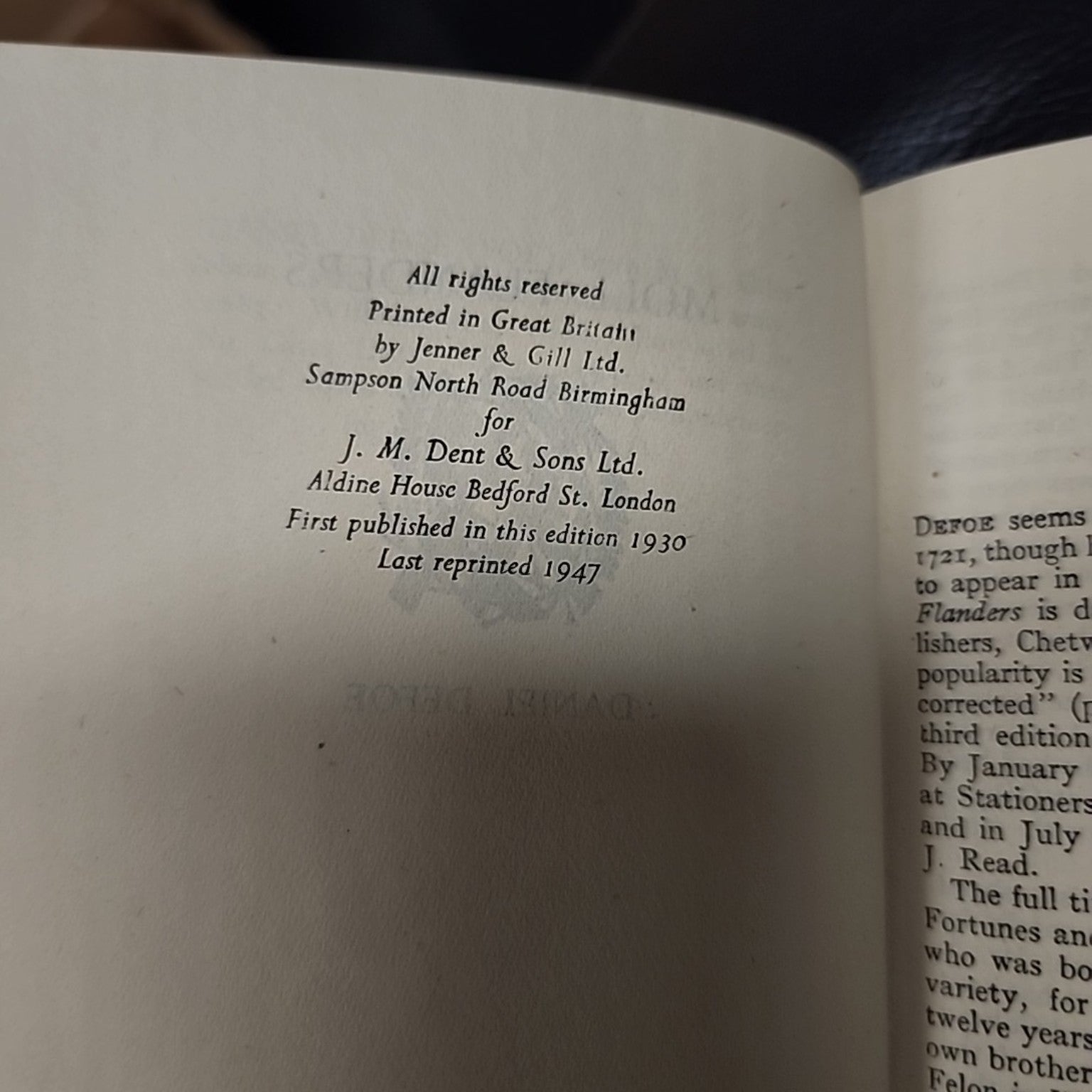 Publication page of Moll Flanders by Daniel Defoe, Everyman's Library 837, showing 1947 reprint
