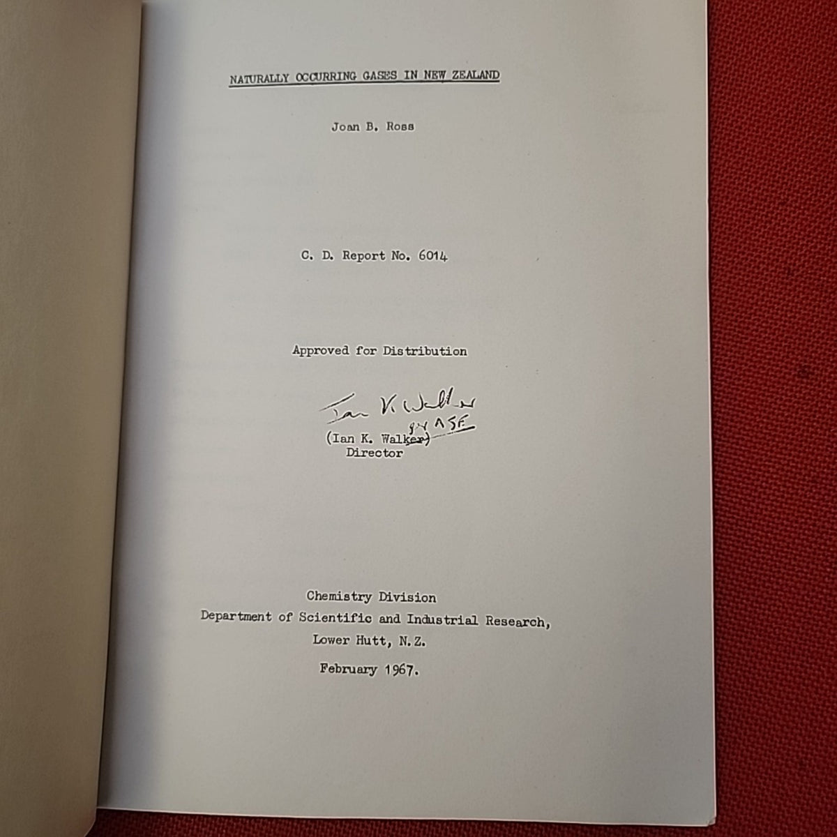 Naturally Occurring Gases in New Zealand title page, Chemistry Division C.D. Report No. 6014, February 1967