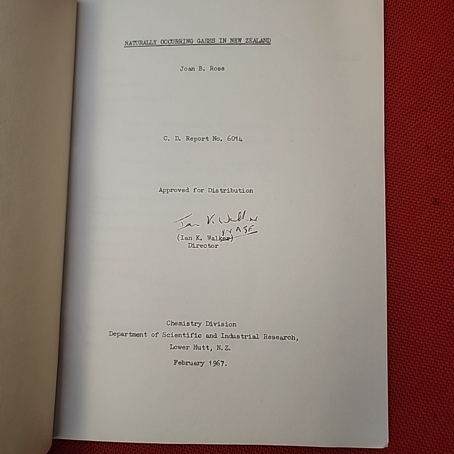 Naturally Occurring Gases in New Zealand title page, Chemistry Division C.D. Report No. 6014, February 1967