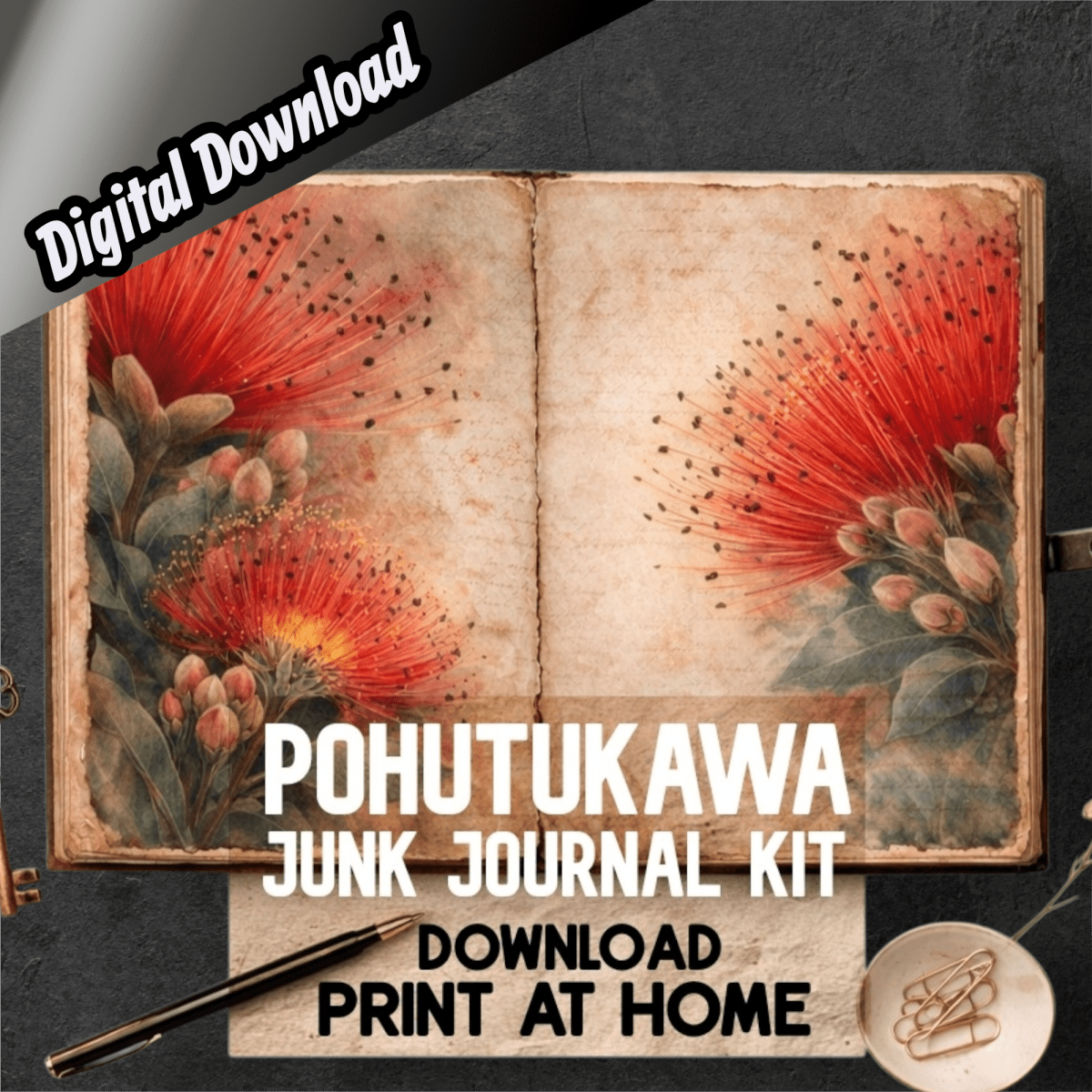 Pohutukawa Themed Printable Junk Journal Kit - Books Worth Keeping