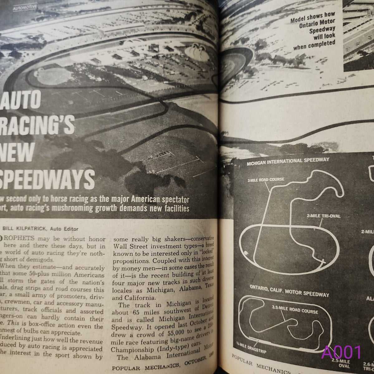 Interior article page from Popular Mechanics October 1969 showing Auto Racing's New Speedways
