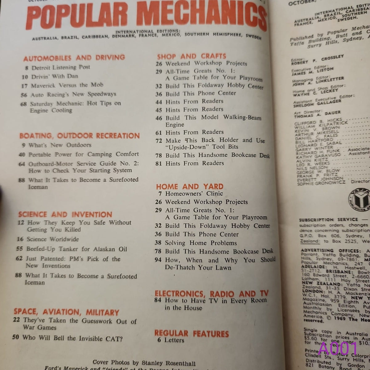 Contents page from Popular Mechanics October 1969 vintage magazine