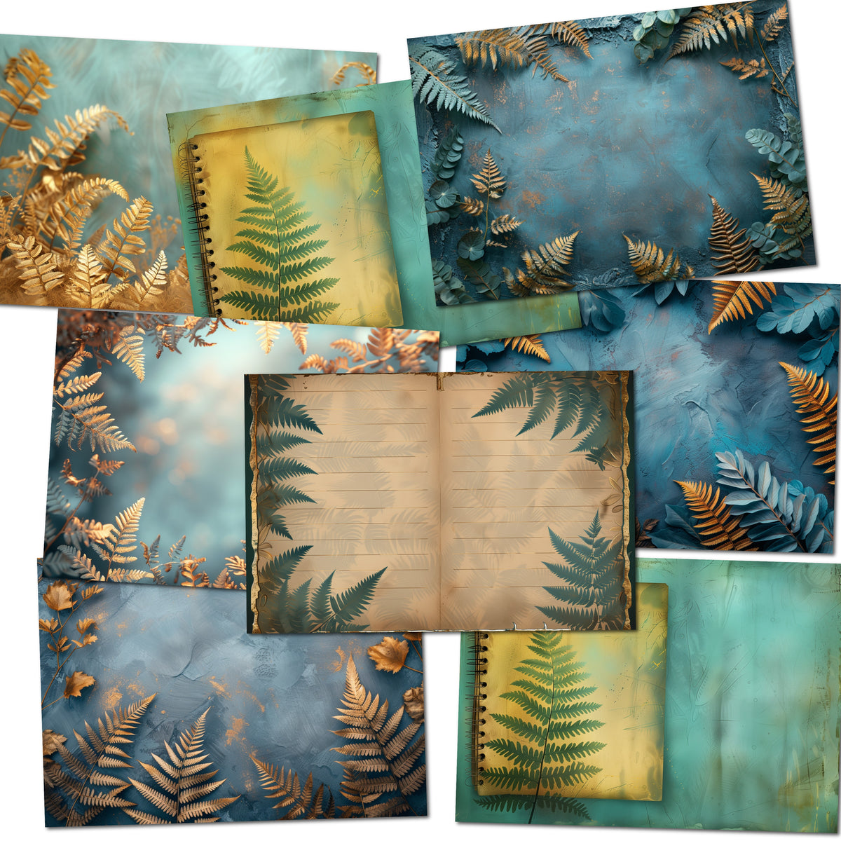 Gold & Turquoise Ferns – Printable Nature Junk Journal Pages