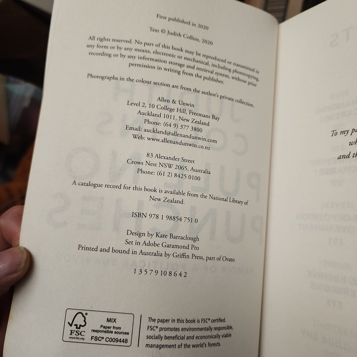 Copyright page for Pull No Punches by Judith Collins, Allen & Unwin 2020, ISBN 9781988547510