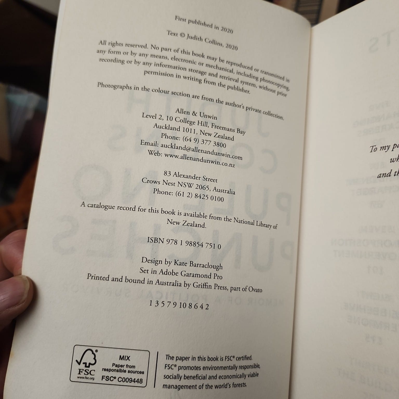 Copyright page for Pull No Punches by Judith Collins, Allen & Unwin 2020, ISBN 9781988547510