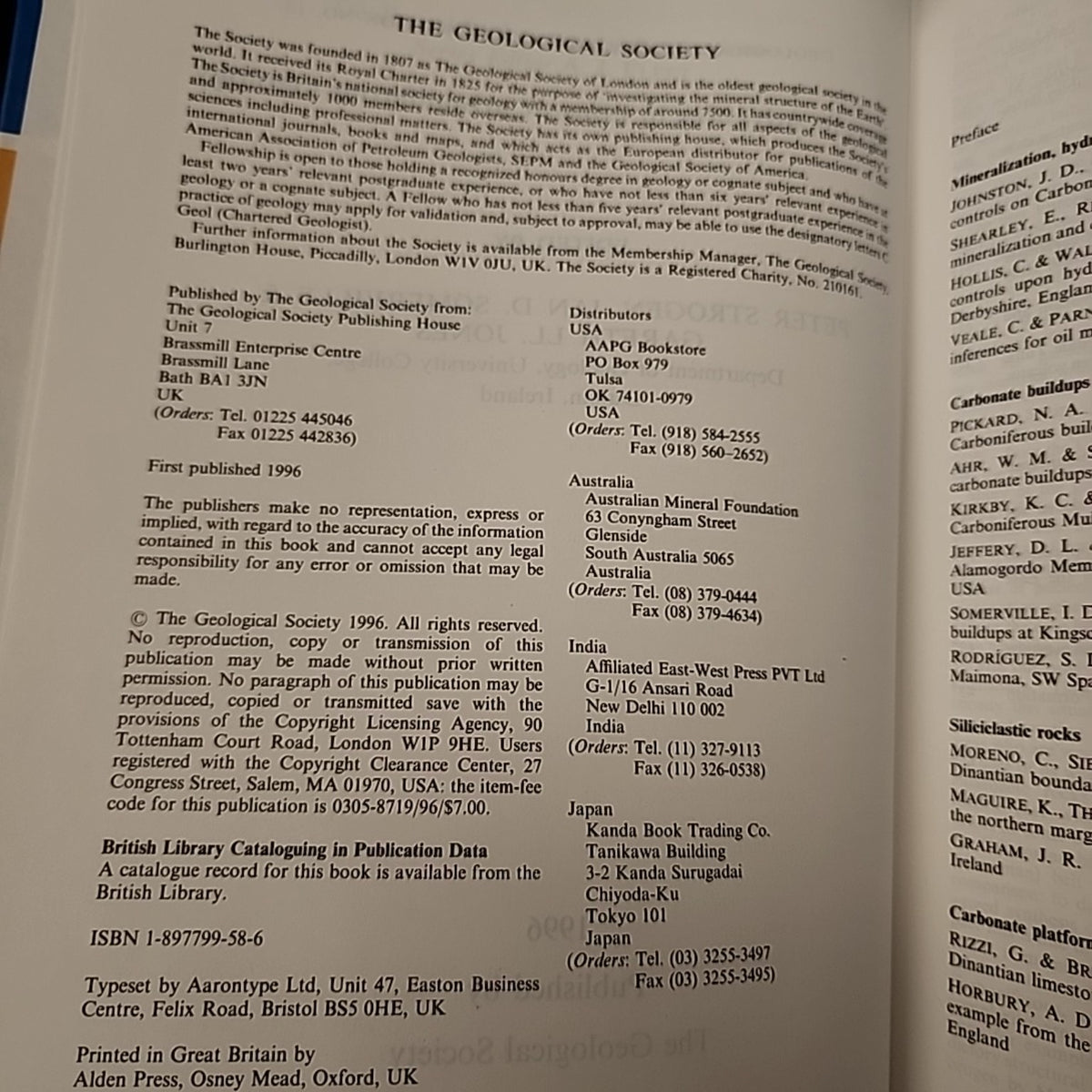 Recent Advances in Lower Carboniferous Geology publication and ISBN page