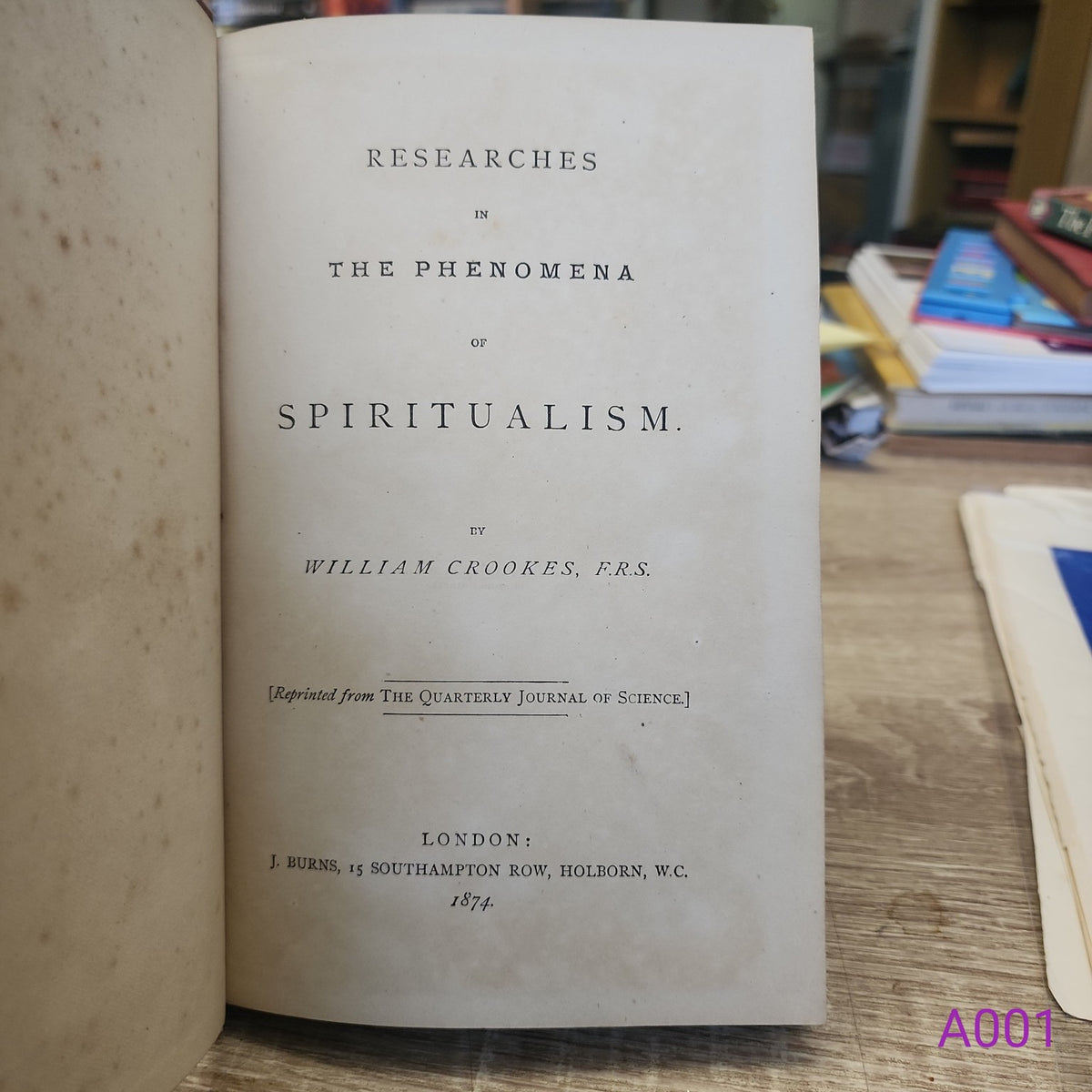 Researches in the Phenomena of Spiritualism by William Crookes 1874 title page