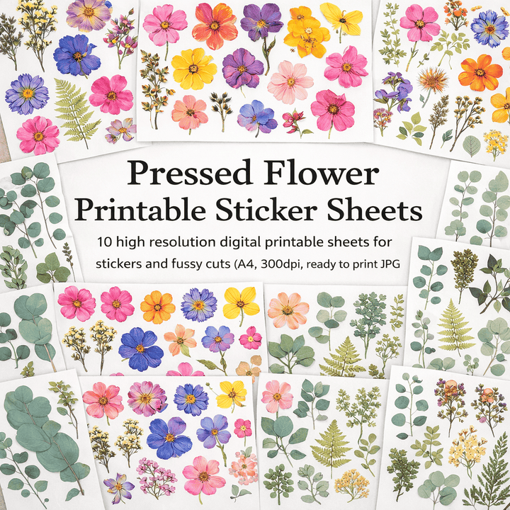 Pressed Flower Fussy Cuts Sticker Sheet - Digital Download — printable flower sticker sheet preview