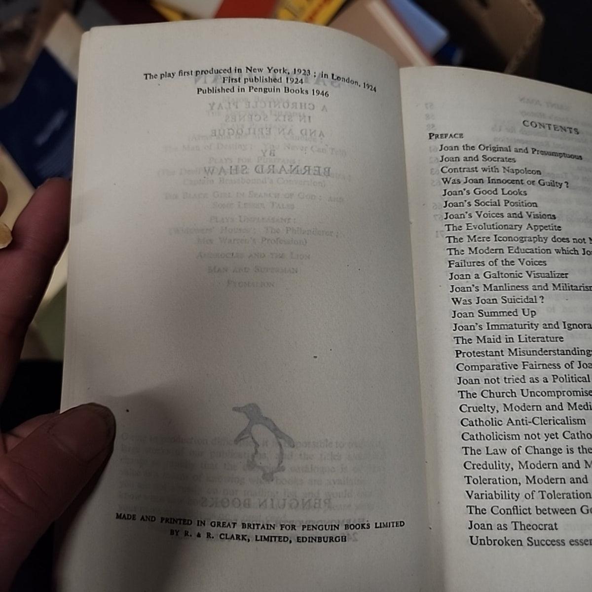 Publication page of Saint Joan by Bernard Shaw showing Penguin Books 1946 edition
