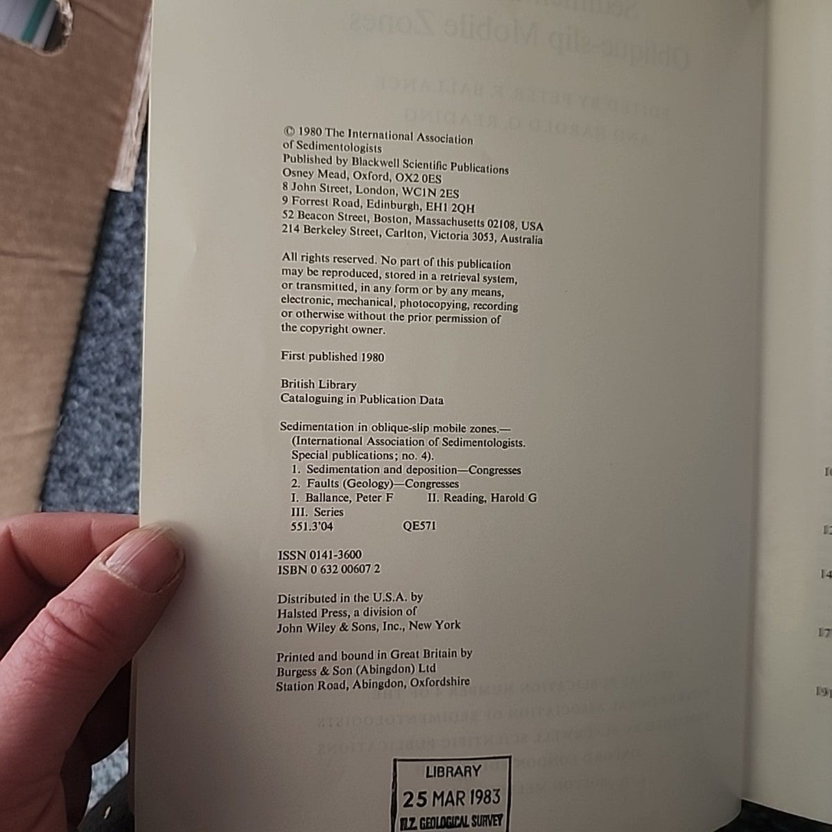 Copyright page of Sedimentation in Oblique-slip Mobile Zones showing 1980 publication details, ISBN and NZ Geological Survey library stamp