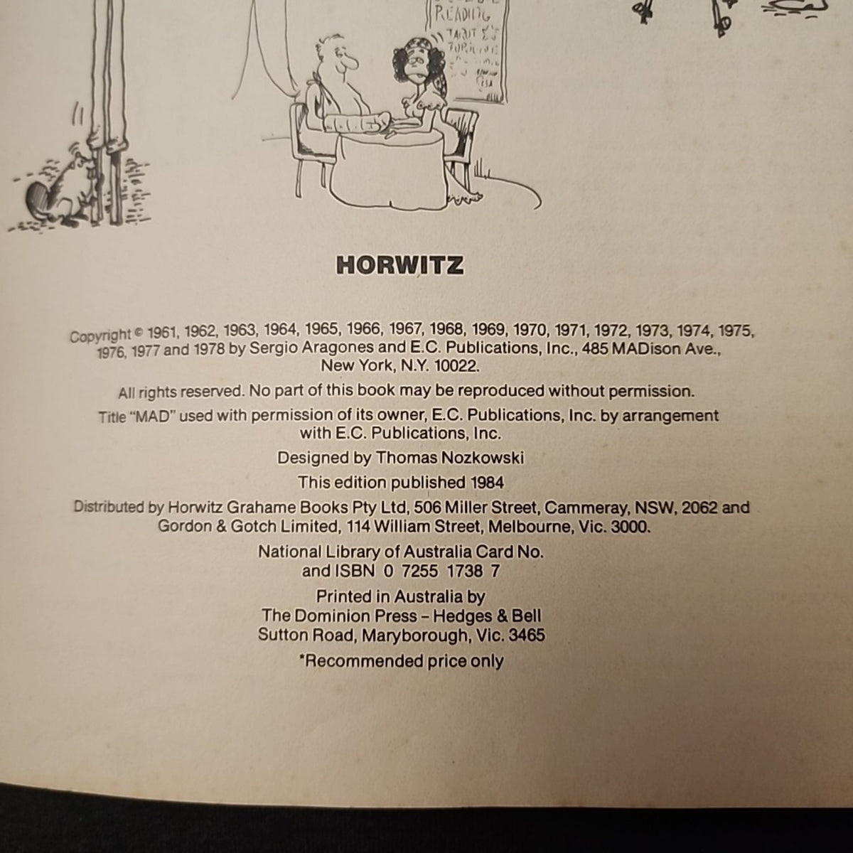 Sergio Aragones' Mad Parade publication page showing Horwitz 1984 edition and ISBN 0-7255-1738-7