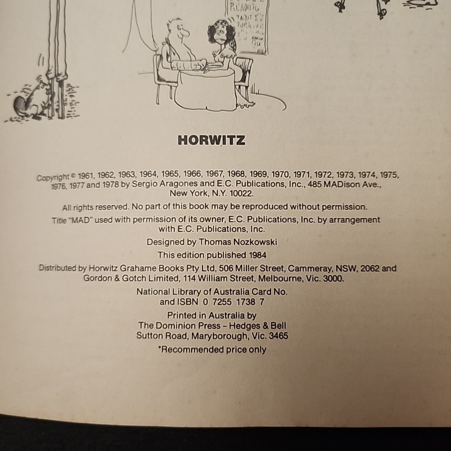 Sergio Aragones' Mad Parade publication page showing Horwitz 1984 edition and ISBN 0-7255-1738-7