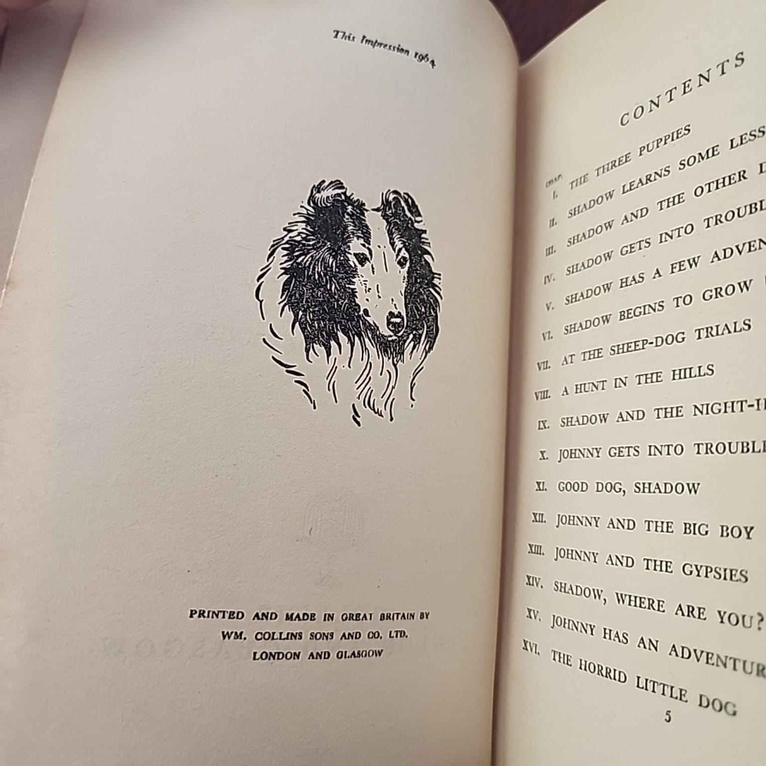 Shadow the Sheep-Dog by Enid Blyton impression page showing 1954 printing and contents