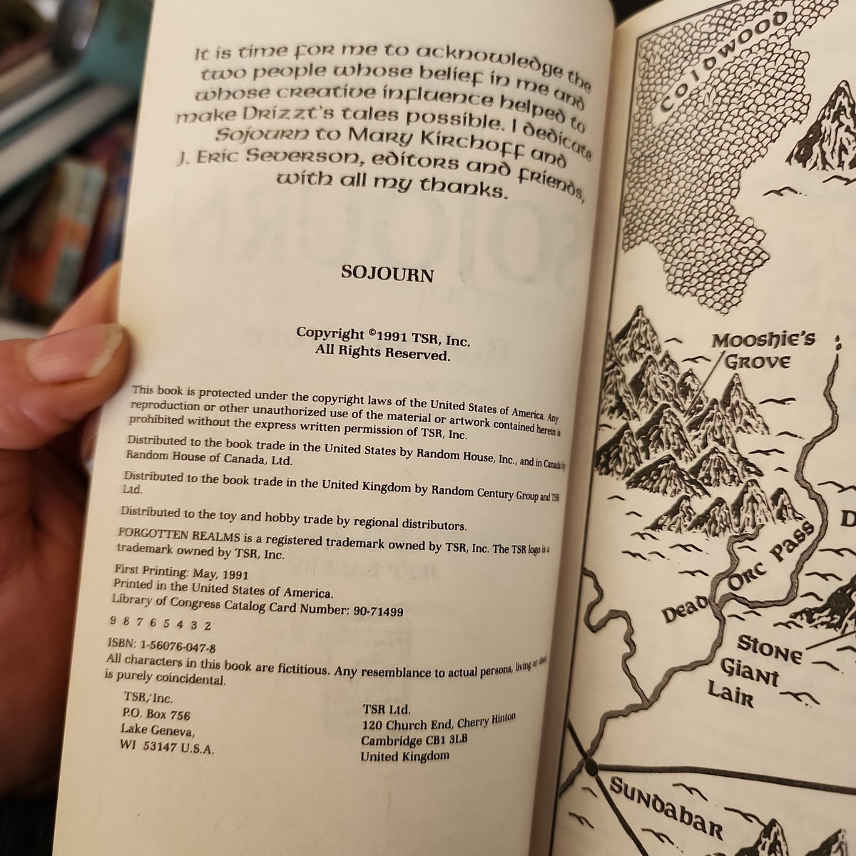 Sojourn by R. A. Salvatore copyright page showing 1991 TSR first printing and ISBN 1-56076-047-8