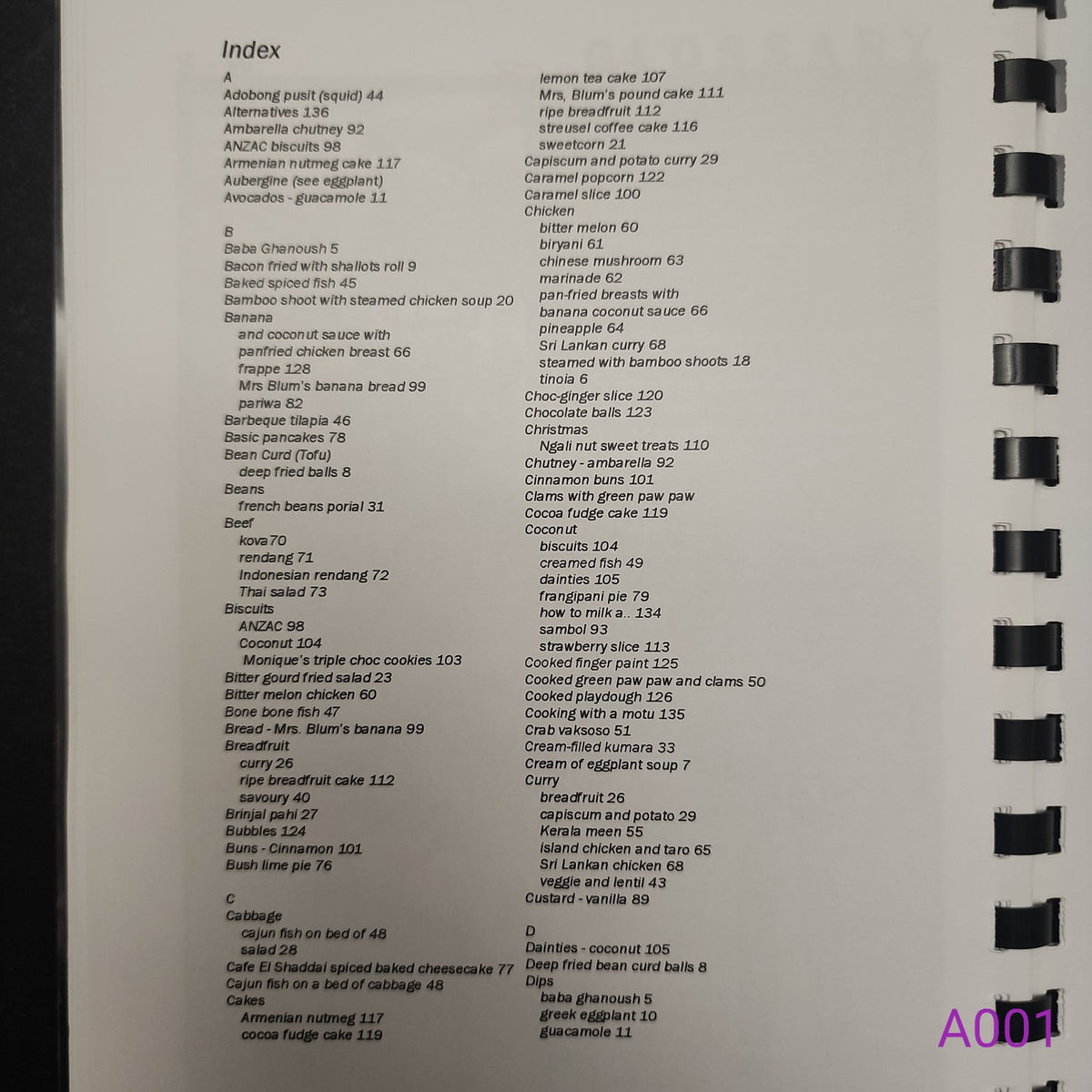 Solomon Islands Cook Book recipe index page 1