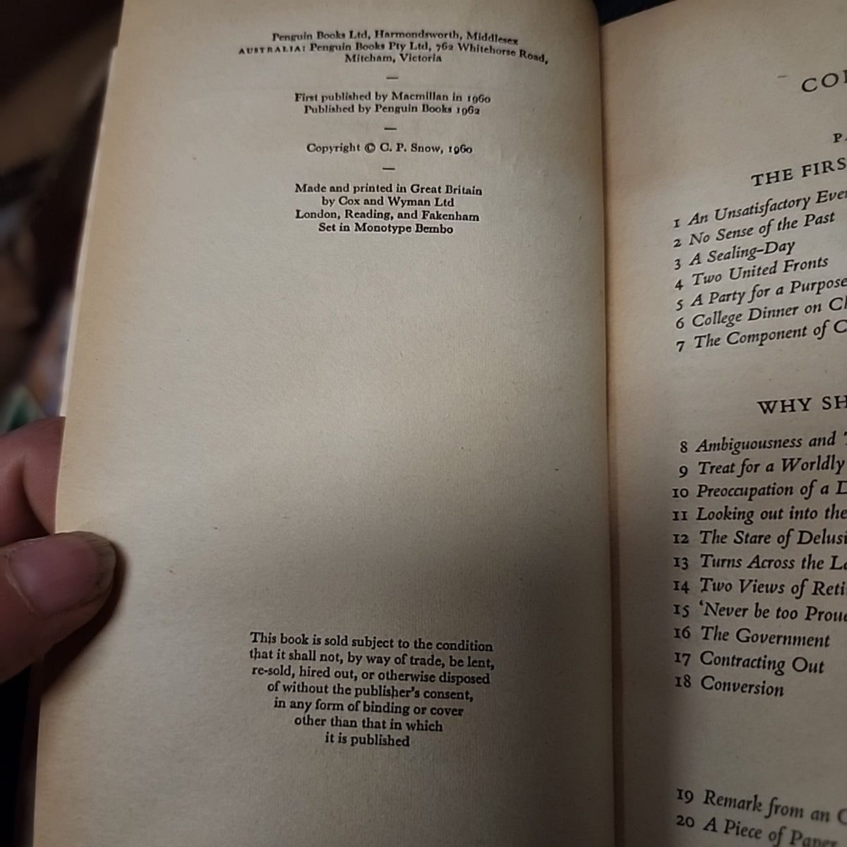 Publication page of The Affair by C. P. Snow showing first Penguin publication in 1962