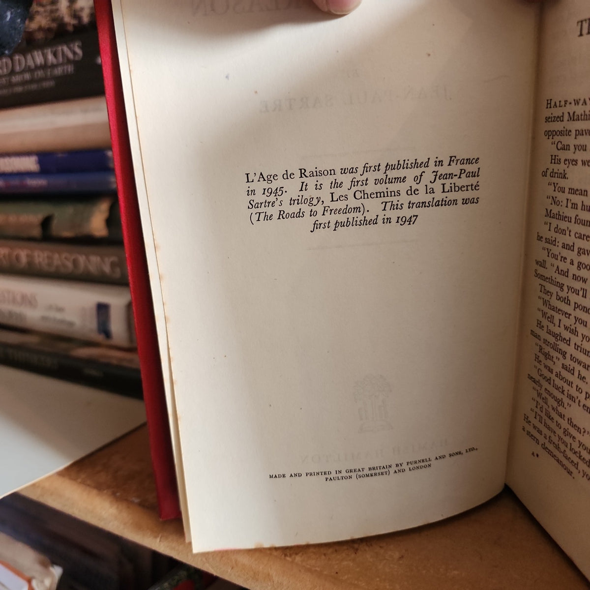 The Age of Reason by Jean-Paul Sartre, Hamish Hamilton publication page
