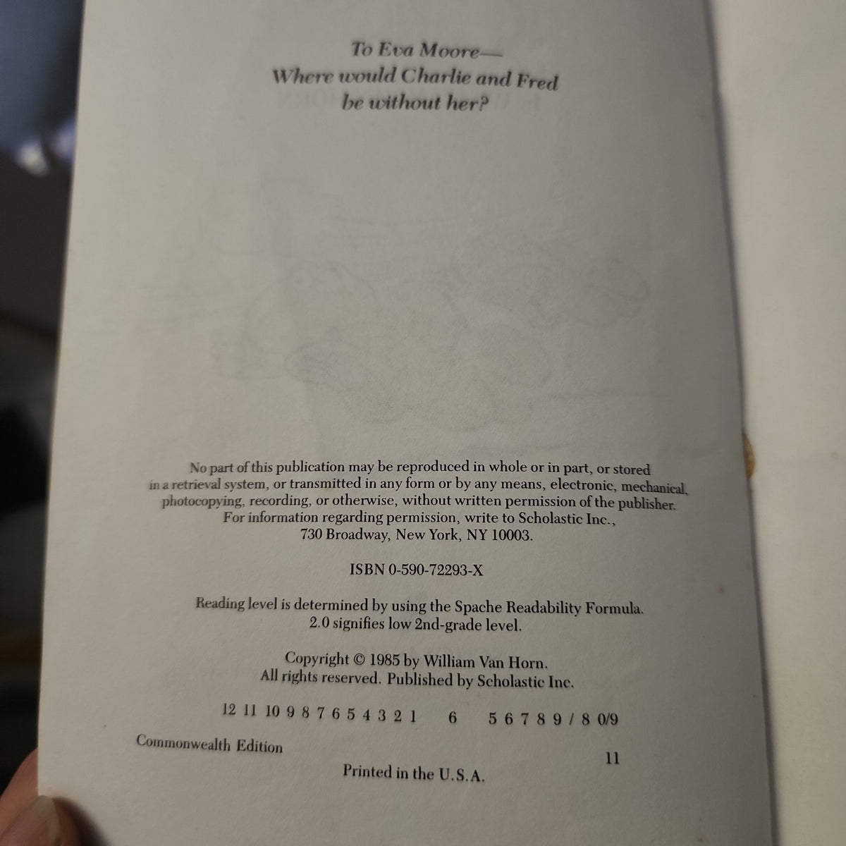 Copyright and ISBN page of The Big Sneeze by William Van Horn, Scholastic 1985