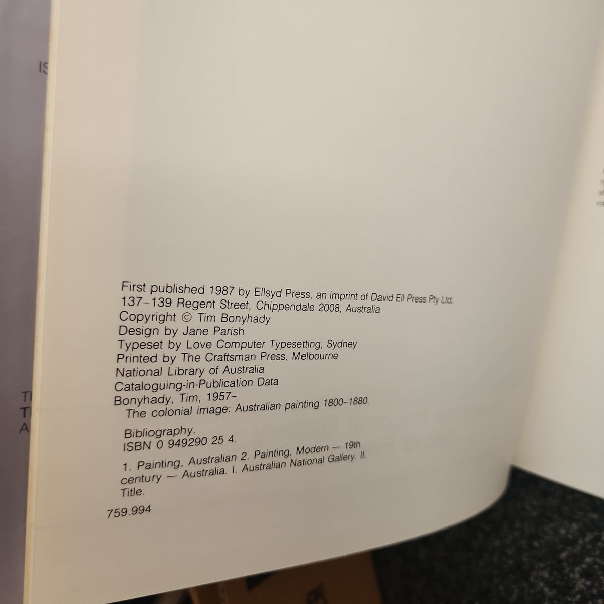 The Colonial Image by Tim Bonyhady copyright and ISBN page