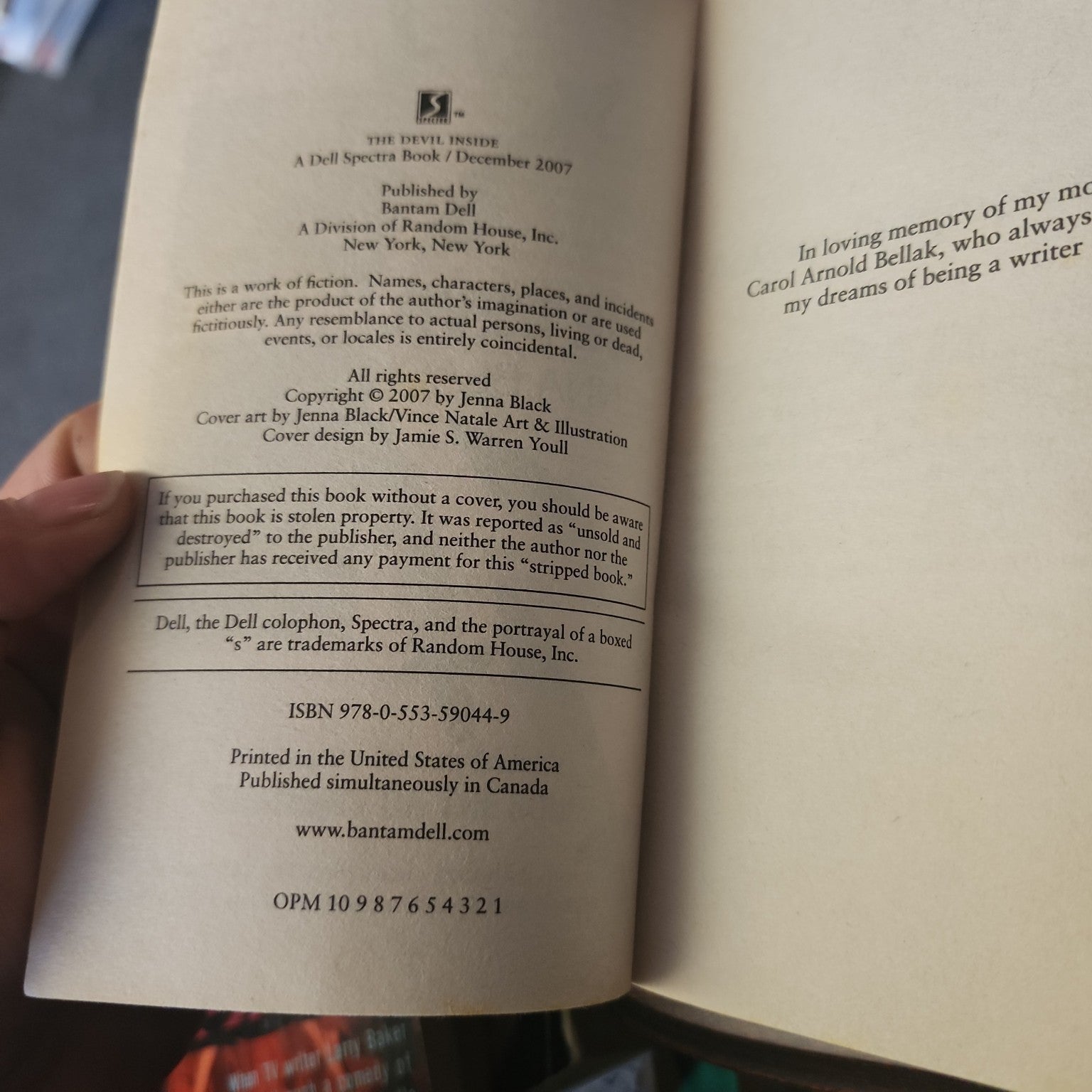 The Devil Inside by Jenna Black copyright page showing ISBN 9780553590449