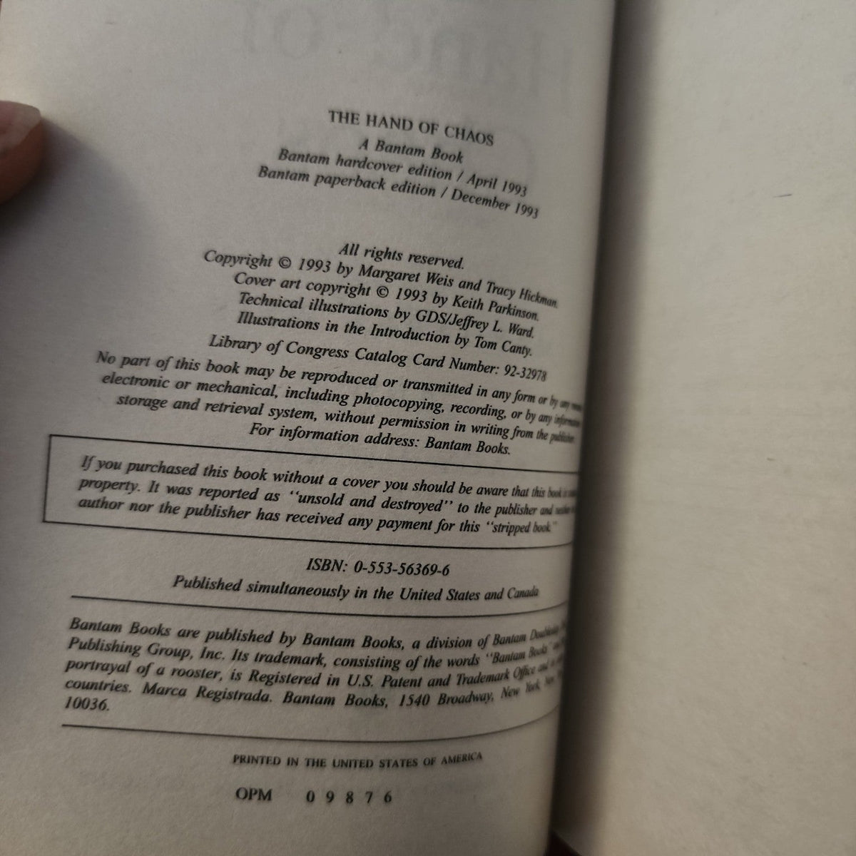 The Hand of Chaos copyright page showing Bantam paperback edition December 1993 and ISBN 0-553-56369-6
