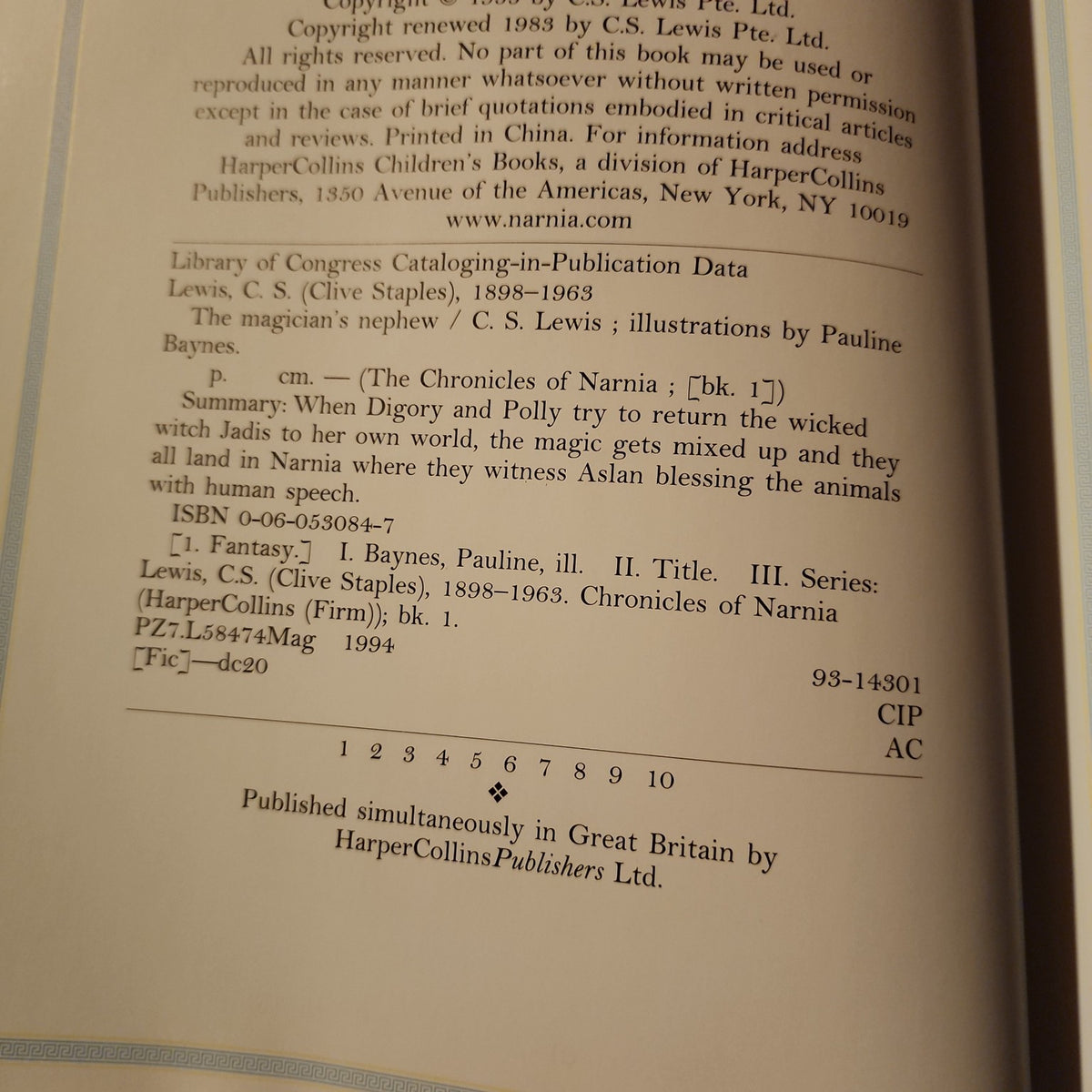 The Magician's Nephew by C. S. Lewis copyright page showing ISBN 0060530847