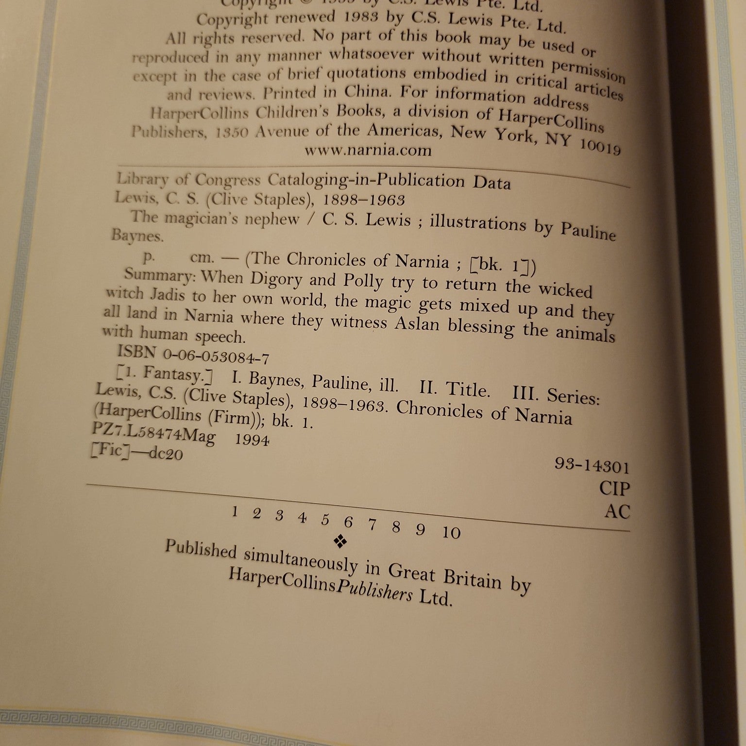 The Magician's Nephew by C. S. Lewis copyright page showing ISBN 0060530847