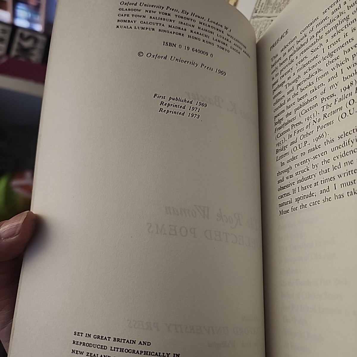 The Rock Woman by James K. Baxter copyright page showing 1973 reprint and ISBN 0196400090