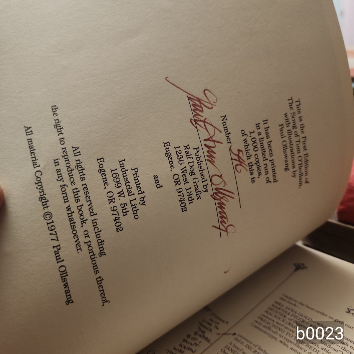 The Song of Tom O'Bedlam signed and numbered limitation page, copy 540 of 1000