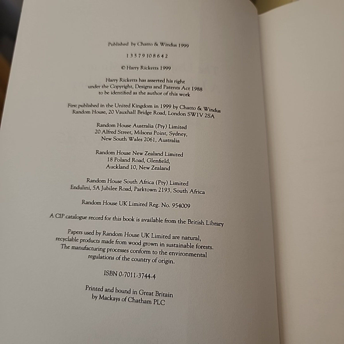 The Unforgiving Minute copyright page showing 1999 first edition and ISBN 0701137444