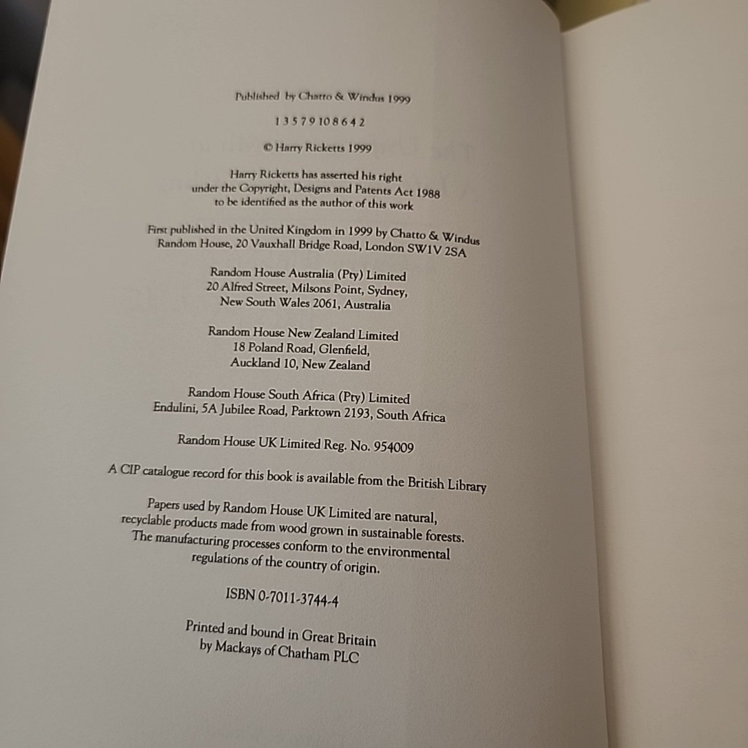 The Unforgiving Minute copyright page showing 1999 first edition and ISBN 0701137444