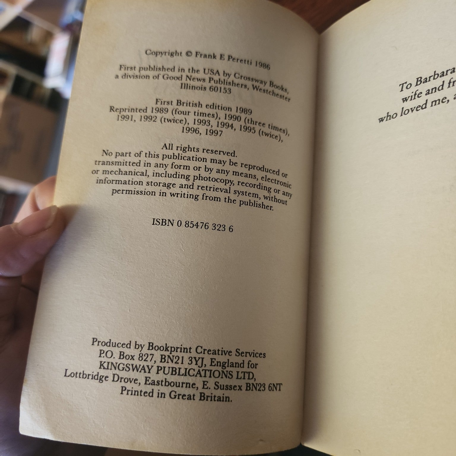 This Present Darkness by Frank Peretti copyright page showing ISBN