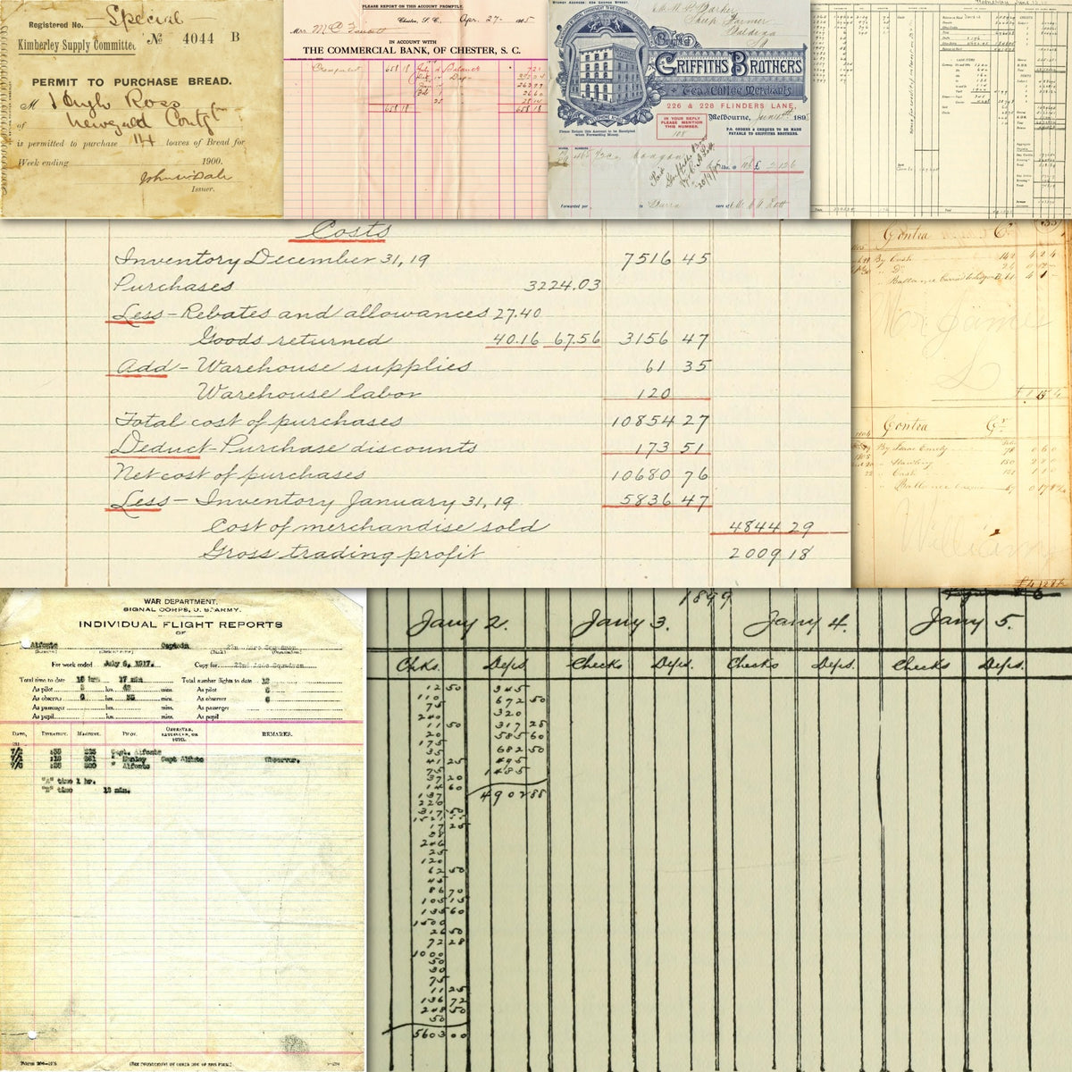 Preview collage of printable vintage ledger, invoice, receipt and cash book papers for junk journaling