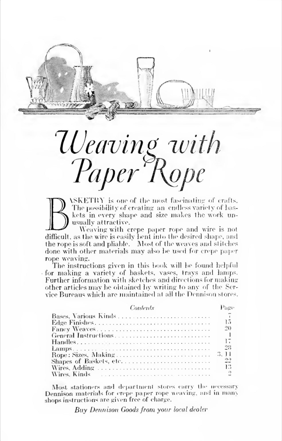 Title page of vintage Dennison Weaving with Paper Rope craft booklet