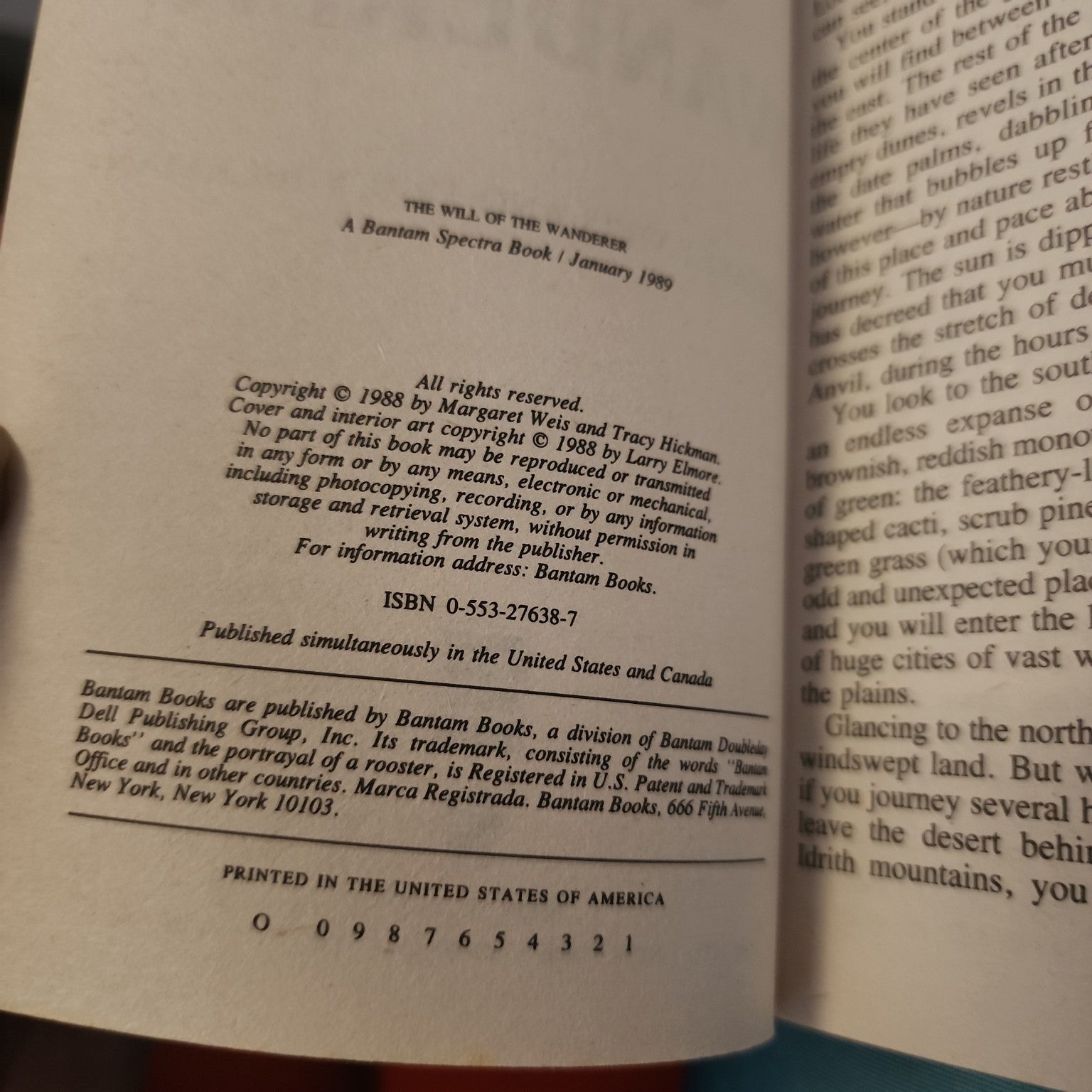 The Will of the Wanderer copyright page showing Bantam Spectra January 1989 first printing and ISBN 0-553-27638-7