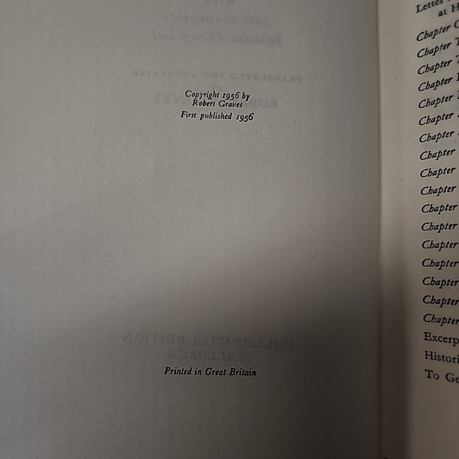 Copyright page of Winter in Majorca by George Sand, translated by Robert Graves, first published 1956