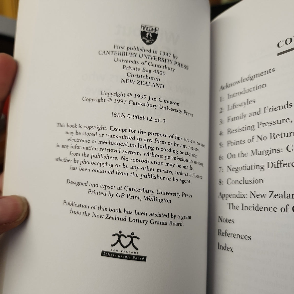 Copyright and publication page of Without Issue by Jan Cameron, Canterbury University Press 1997, ISBN 0-908812-66-3